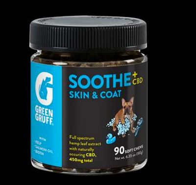Green Gruff | Dog Treats | 90pc | Soothe Plus CBD | Skin & Coat Dog Chews | 450mg CBD