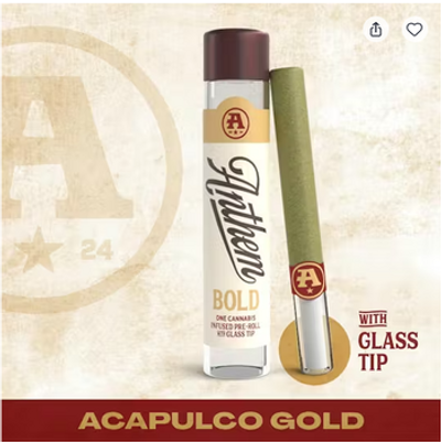Anthem | Pre-Roll | Bold-Acapulco Gold-Glass Tip Infused-1g | 46% Sativa