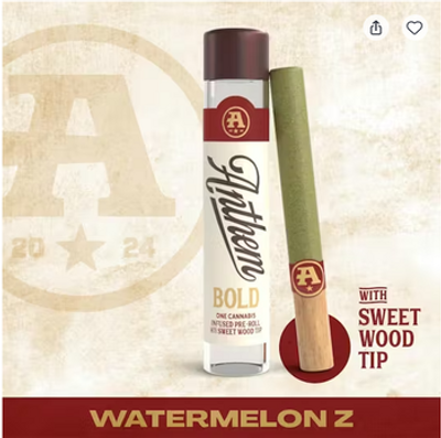 Anthem | Infused Wood Tip Preroll | 1g | Watermelon Z | THC 44.38% | Hybrid